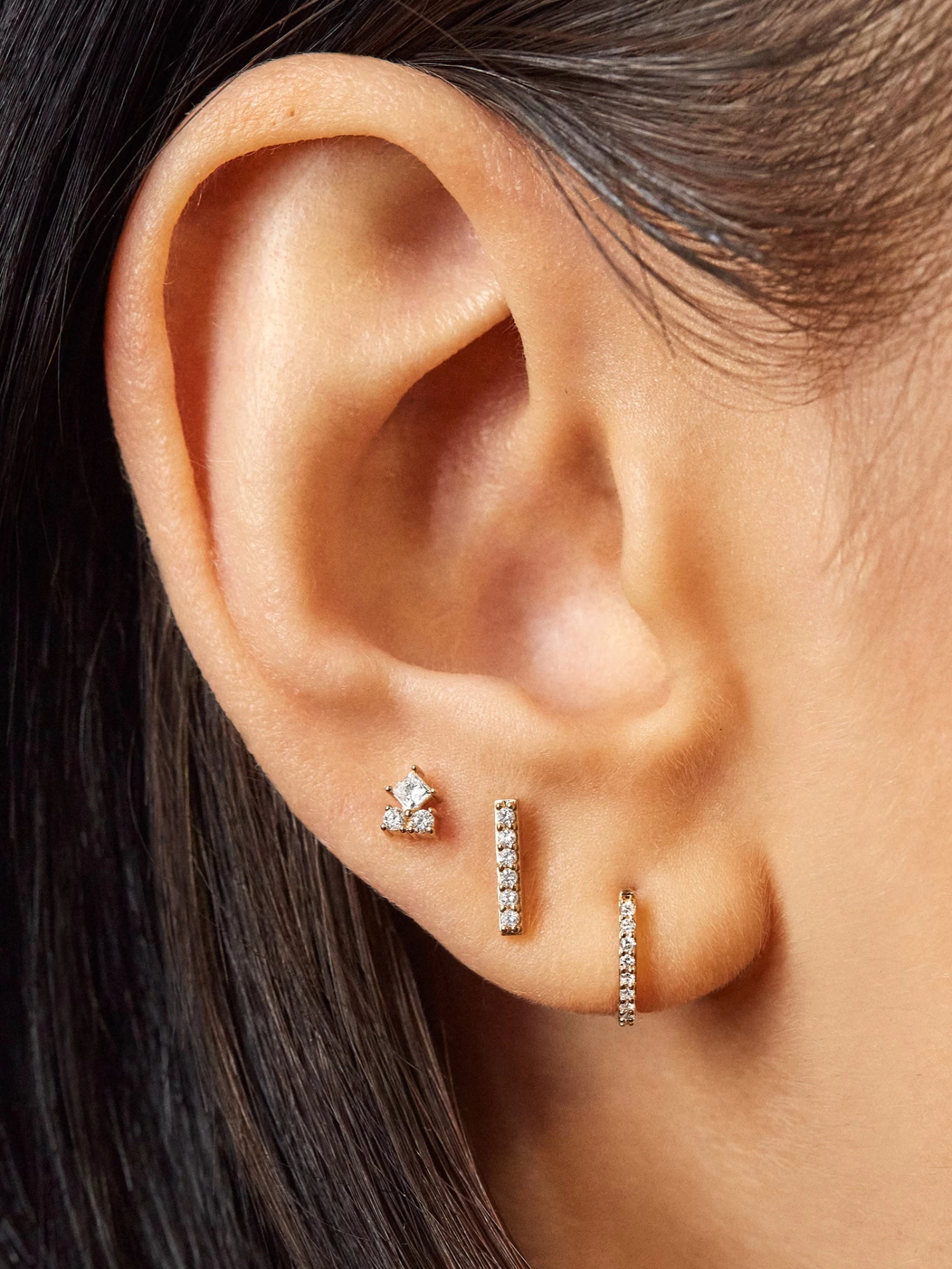 Solid Gold & Triple Diamond Earring - Clear/Gold 4 Solid Gold & Triple Diamond Earring - Clear/Gold - Image 2